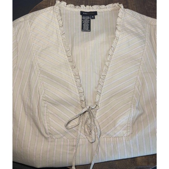 BCBG MaxAzria Womens Blouse Top Tan Stripes Ruffle Sleeve Edge Shirt Size 10 - Picture 5 of 13